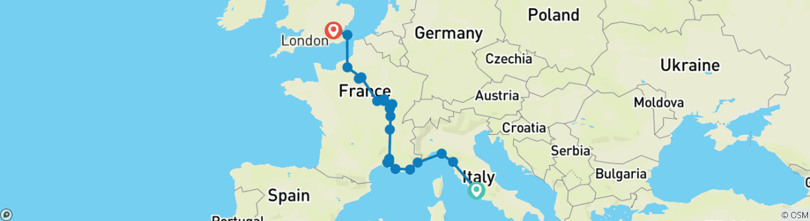 Carte du circuit De l'Italie à la France avec Londres