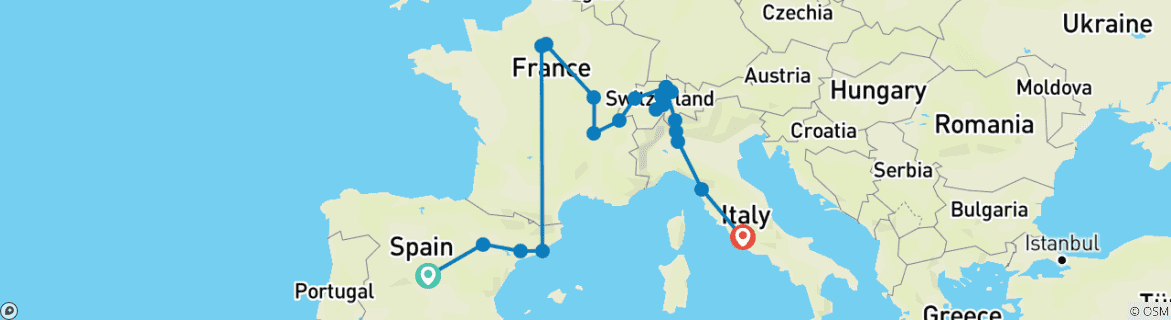 Foto van een kaart met de route van de rondreis