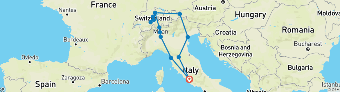Image of a map showing the route of the tour