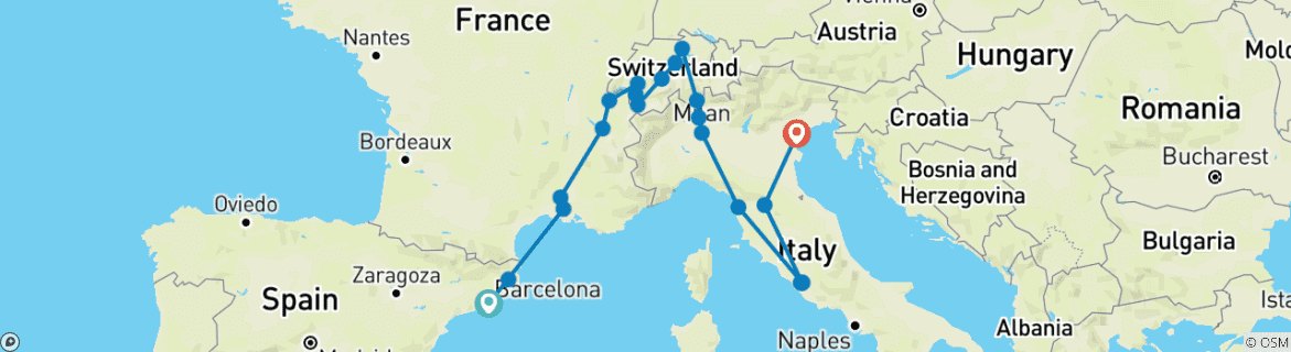 Carte du circuit Espagne, Suisse et Italie classique