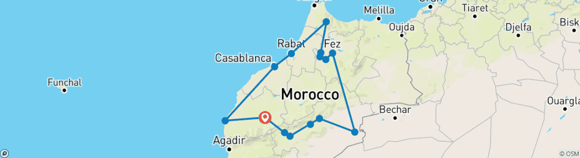 Image of a map showing the route of the tour