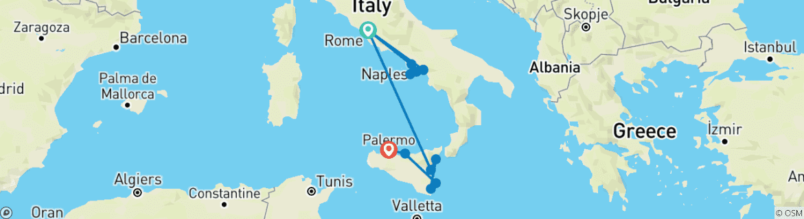 Image of a map showing the route of the tour