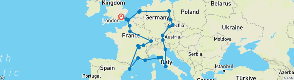 Image of a map showing the route of the tour