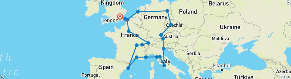Image of a map showing the route of the tour