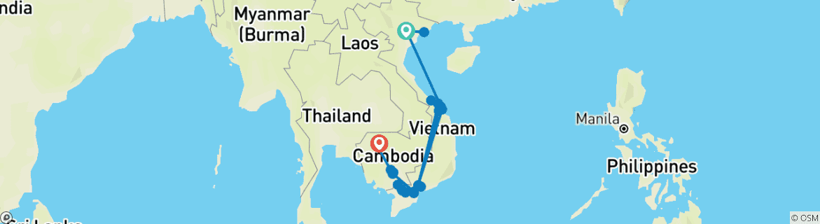 Image of a map showing the route of the tour