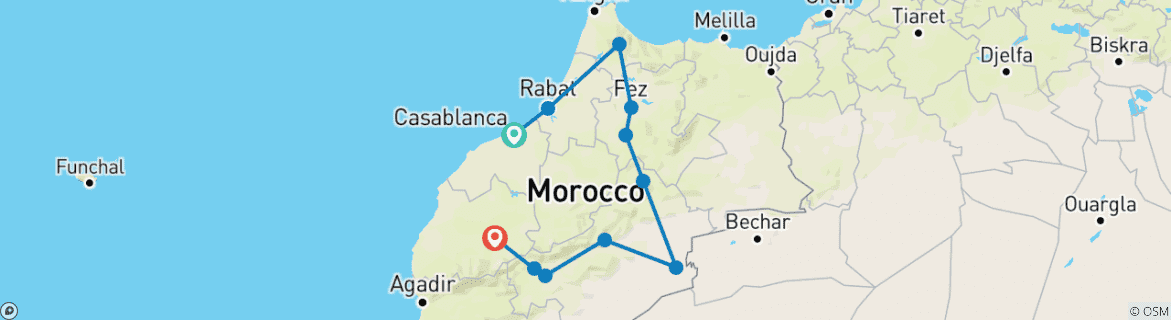 Image of a map showing the route of the tour