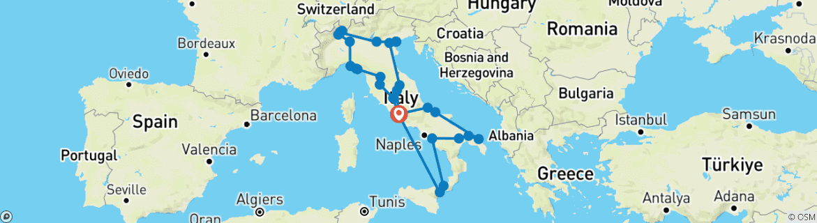 Image of a map showing the route of the tour