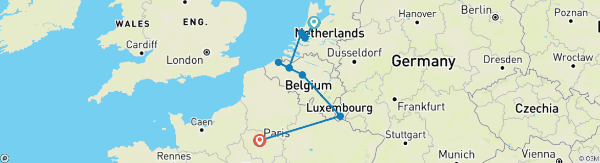 Mapa de 9 días - Ámsterdam, Bruselas, Luxemburgo y París en tren
