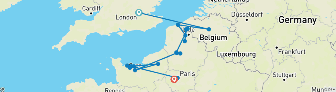 Image of a map showing the route of the tour