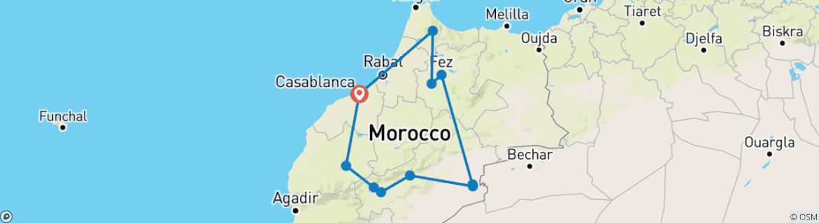 Image of a map showing the route of the tour