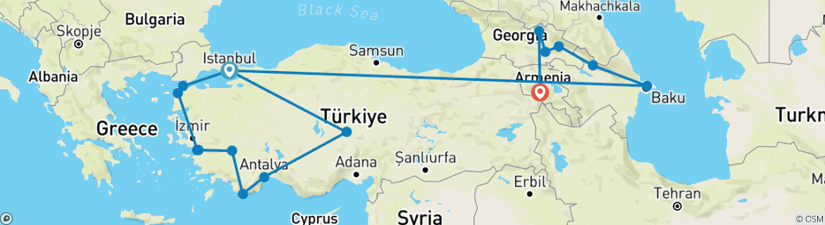 Image of a map showing the route of the tour