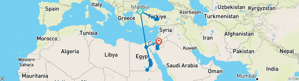 Carte du circuit Le meilleur de la Turquie, de l'Égypte et de la Jordanie (Istanbul/Cappadoce/Le Caire/Croisière sur le Nil/Petra) Tous les vols sont inclus.