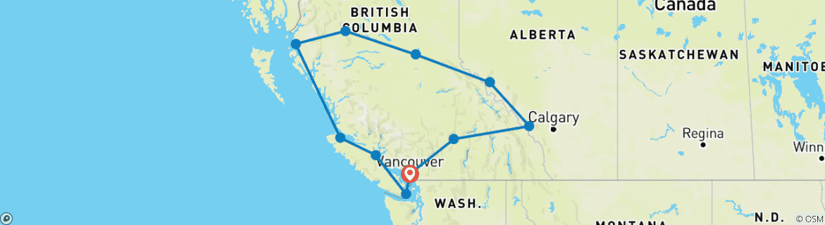 Image of a map showing the route of the tour