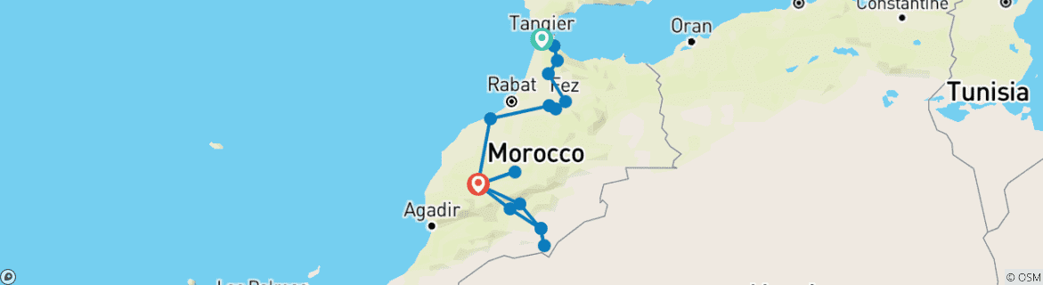 Image of a map showing the route of the tour