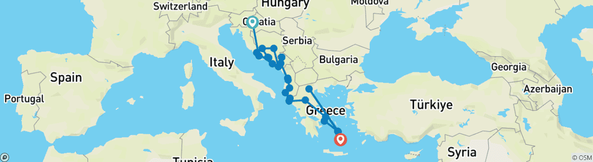 Image of a map showing the route of the tour