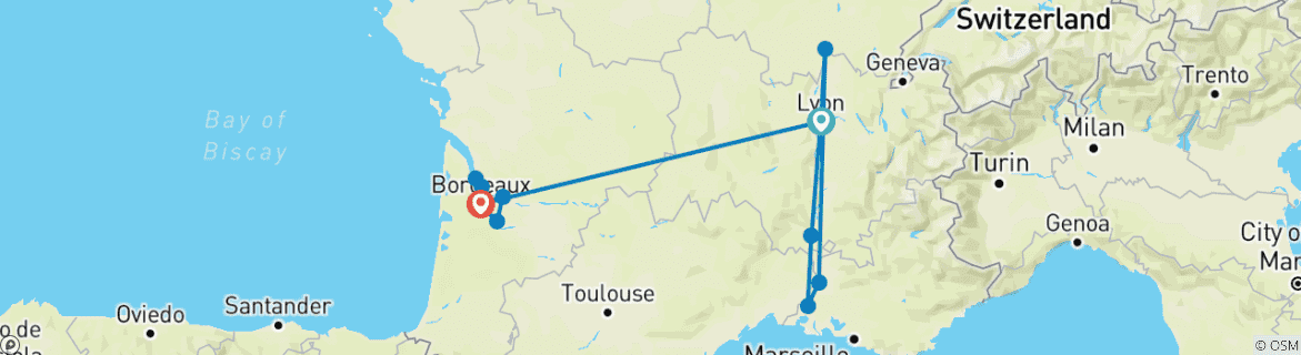 Image of a map showing the route of the tour