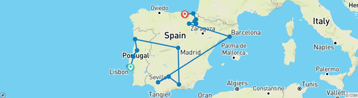 Carte du circuit Les points forts du Portugal et de l'Espagne