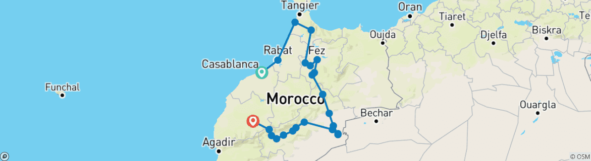 Image of a map showing the route of the tour
