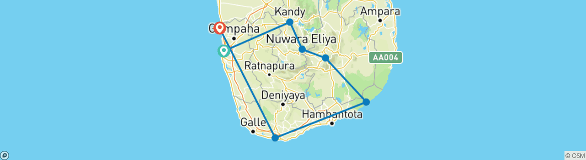 Image of a map showing the route of the tour