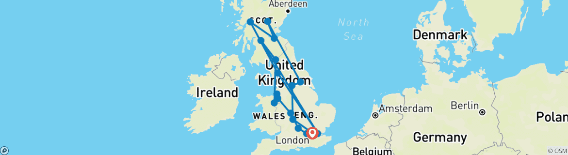 Image of a map showing the route of the tour