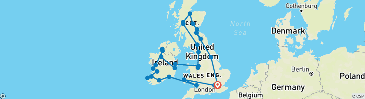 Image of a map showing the route of the tour