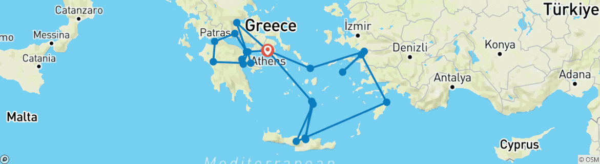 Image of a map showing the route of the tour