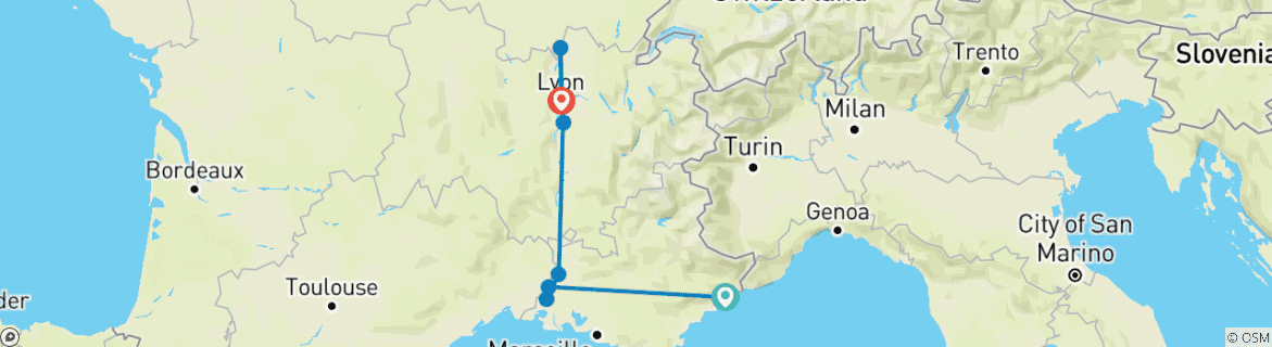 Image of a map showing the route of the tour