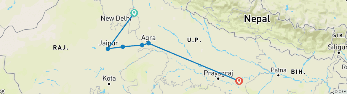 Image of a map showing the route of the tour