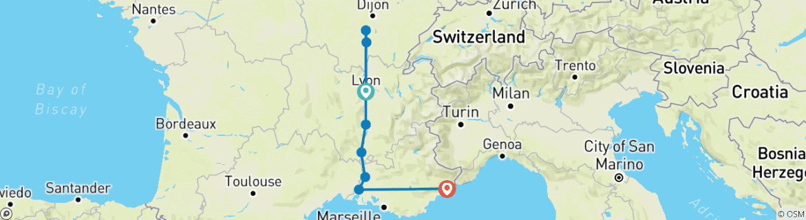 Image of a map showing the route of the tour