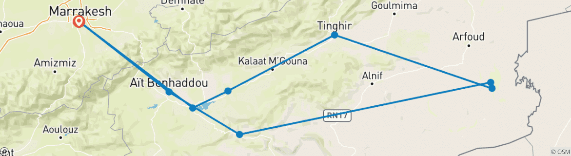 Image of a map showing the route of the tour