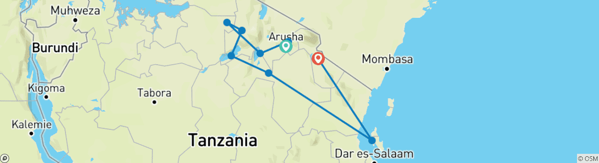 Image of a map showing the route of the tour