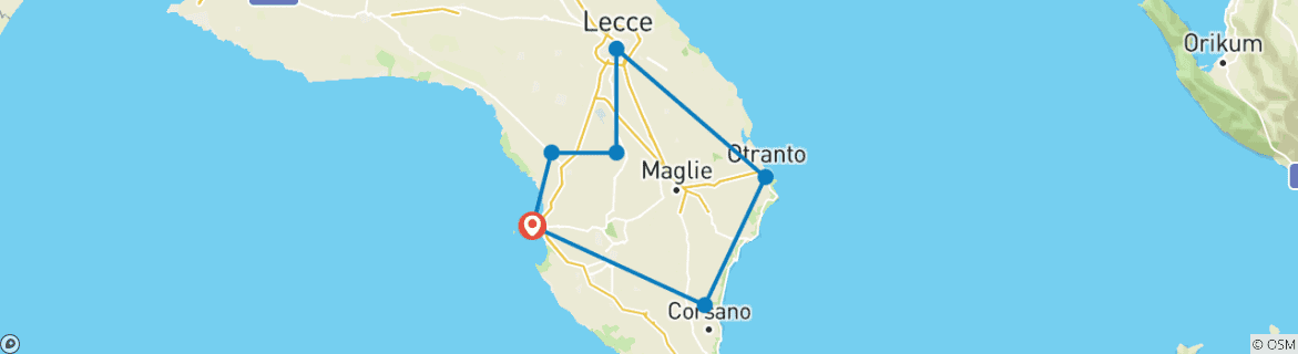 Image of a map showing the route of the tour
