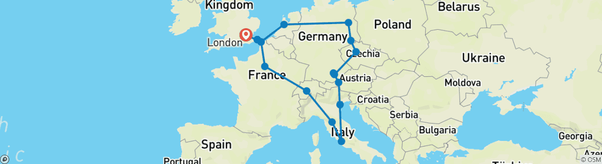 Image of a map showing the route of the tour