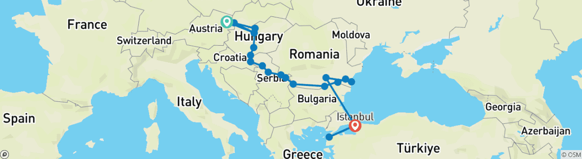 Image of a map showing the route of the tour