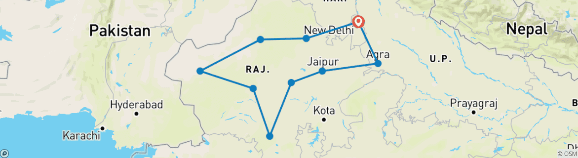 Image of a map showing the route of the tour