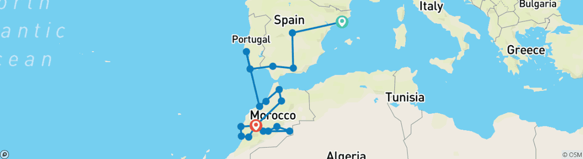 Image of a map showing the route of the tour