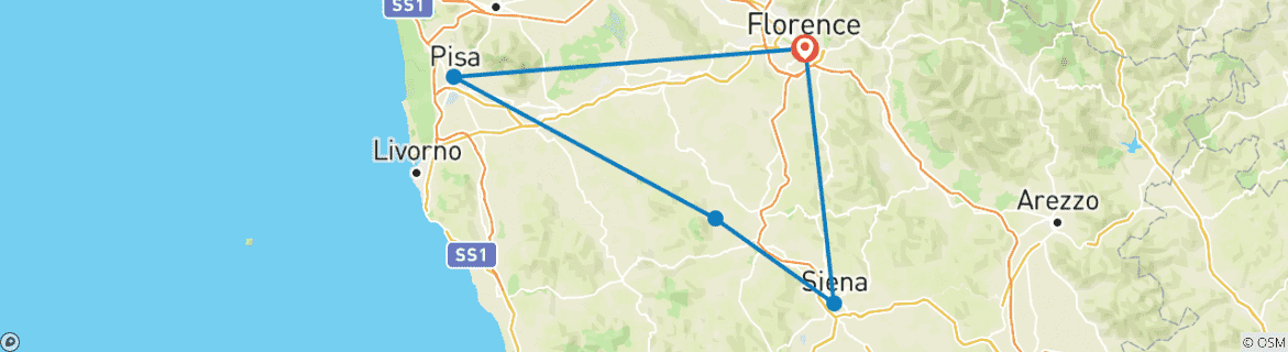 Image of a map showing the route of the tour