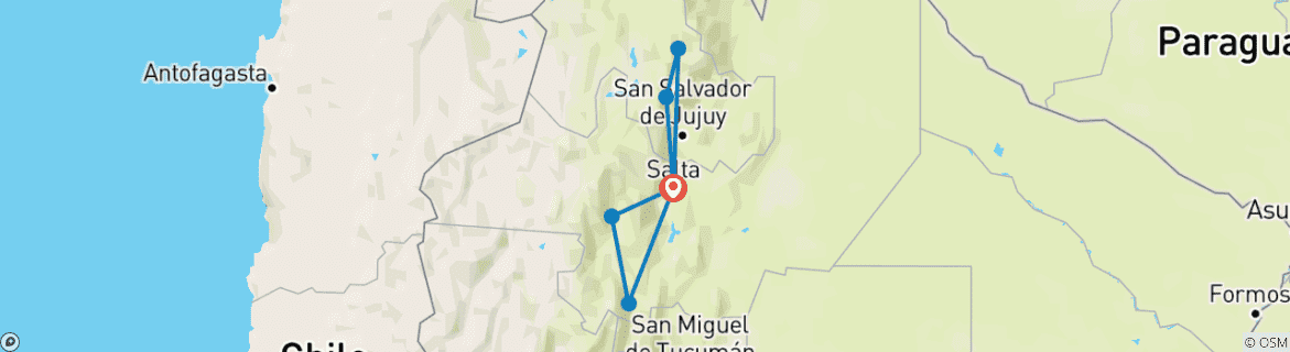 Image of a map showing the route of the tour