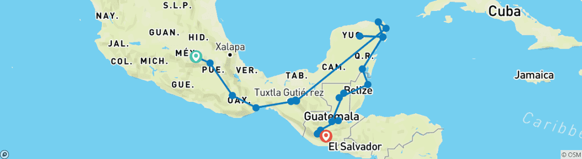 Image of a map showing the route of the tour