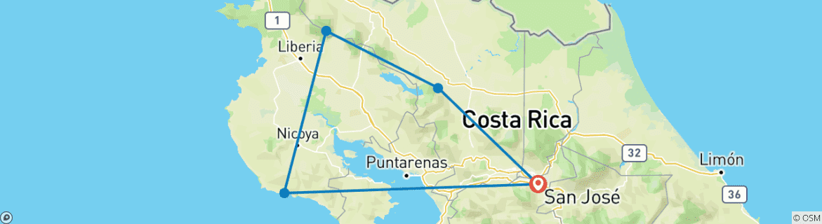 Image of a map showing the route of the tour
