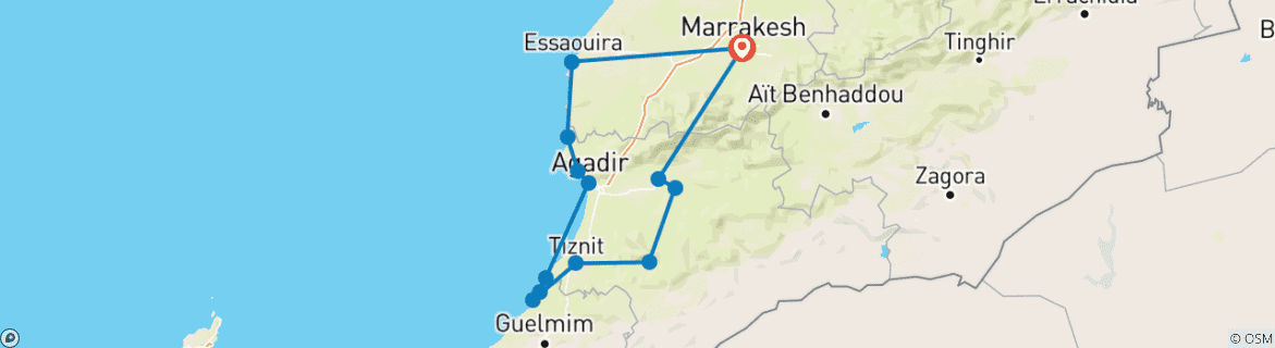 Image of a map showing the route of the tour