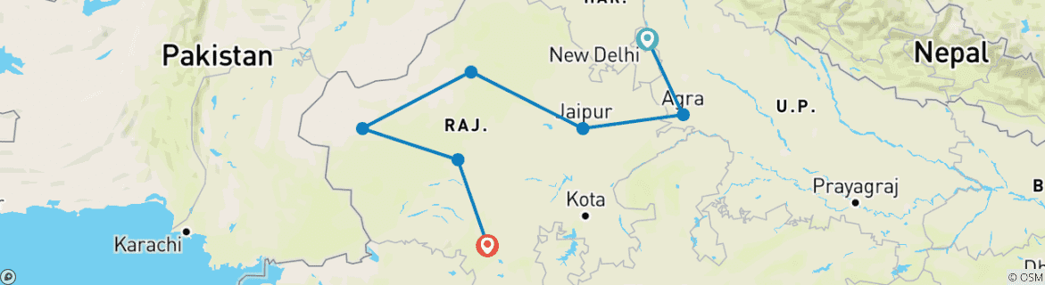 Image of a map showing the route of the tour
