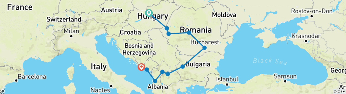 Image of a map showing the route of the tour