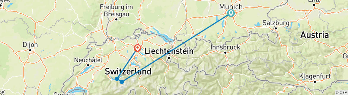 Carte du circuit 7 jours Munich et Zurich avec Grindelwald, Interlaken et Neuschwanstein