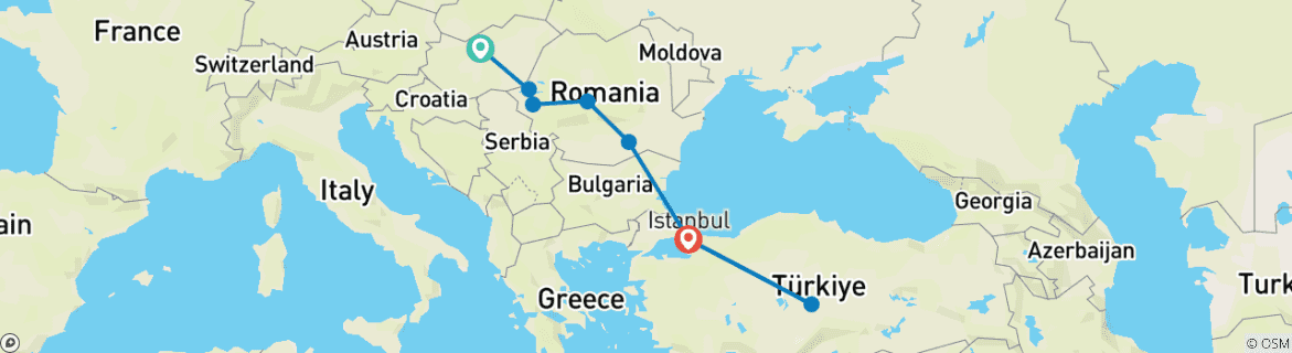 Image of a map showing the route of the tour