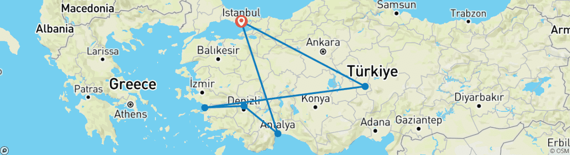 Image of a map showing the route of the tour