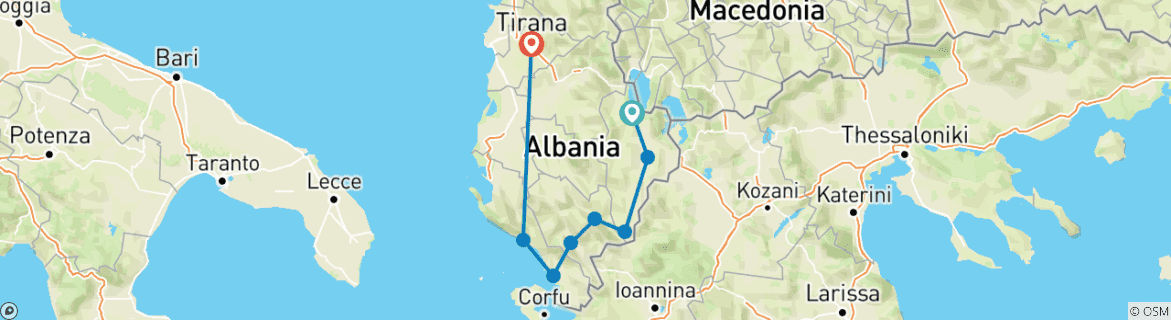Image of a map showing the route of the tour