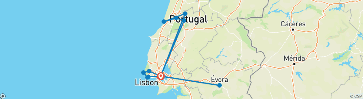 Image of a map showing the route of the tour