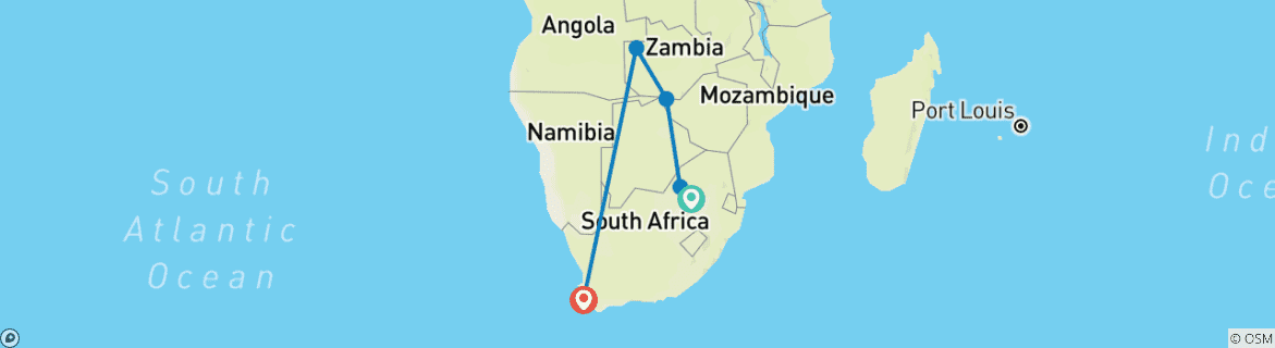 Image of a map showing the route of the tour