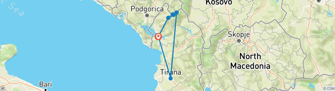 Image of a map showing the route of the tour